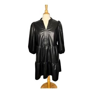 Crown & Ivy Vegan‎ Leather Tiered Mini Dress 3/4 Puff Sleeve Black Size Large